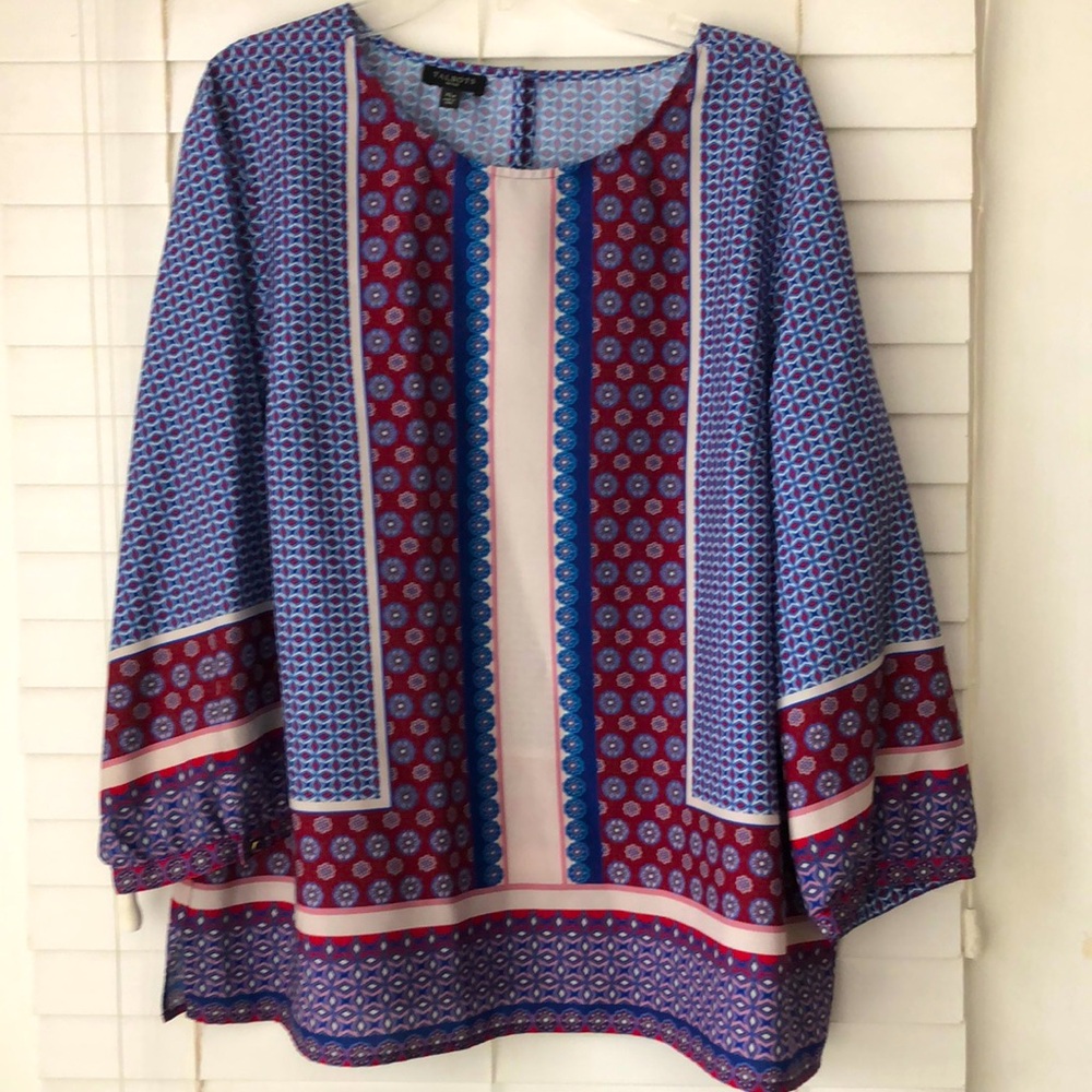 Talbots Petites Top Blouse Geometric 3/4 Sleeves SZ XLP Blue Red
